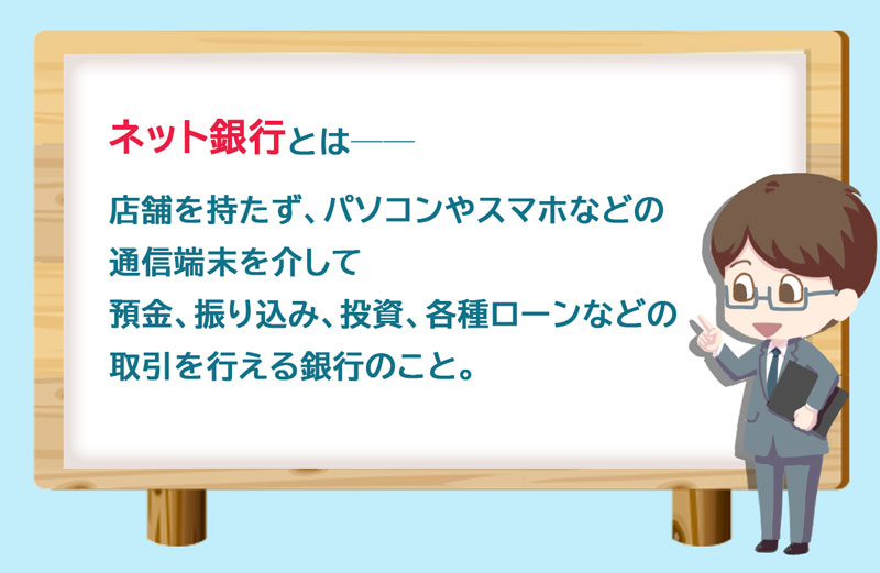 ネット銀行とは──店舗を持たず、パソコンやスマホなどの通信端末を介して預金、振り込み、投資、各種ローンなどの取引を行える銀行のこと。